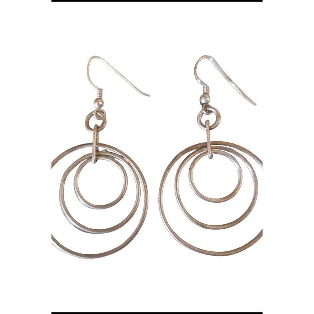 Vintag Silver  Double Hoop Concentric Circle Dangle Drop Hook Earrings No Stone